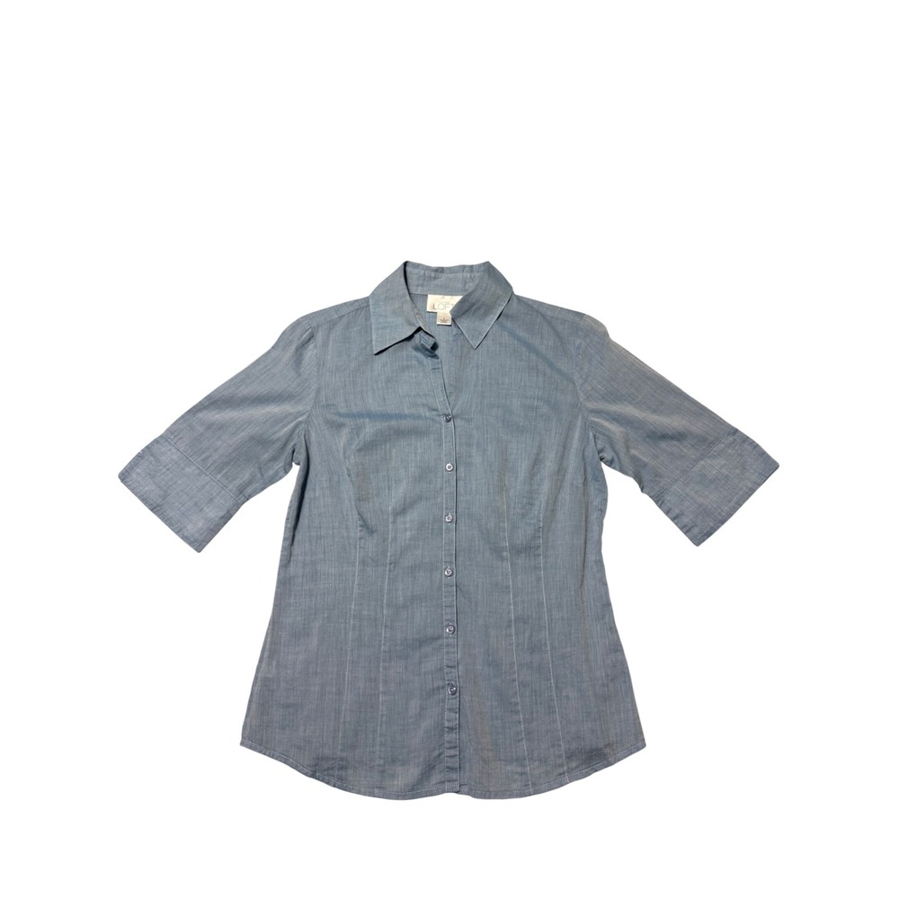 Ann Taylor LOFT Light Blue Chambray Cotton Button Up Shirt Elbow Sleeve Size 4